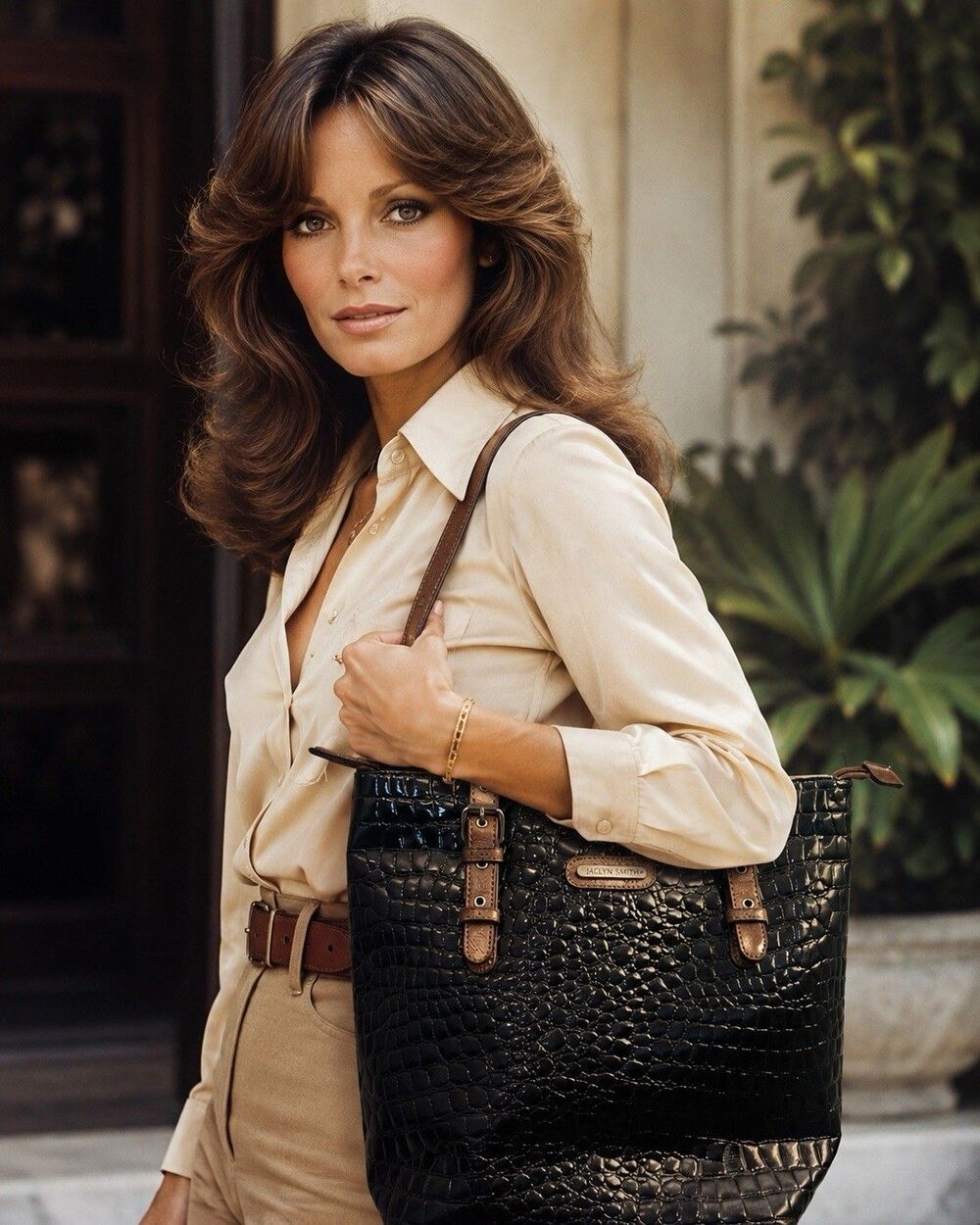 Jaclyn Smith Black Croc Embossed Tote Bag Vegan Patent Shoulder Purse Chic